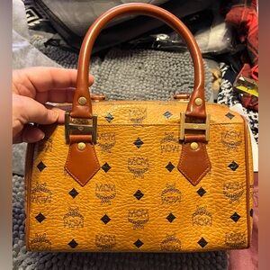MCM EUC Mini Aren Boston Bag Cognac Vintage COA